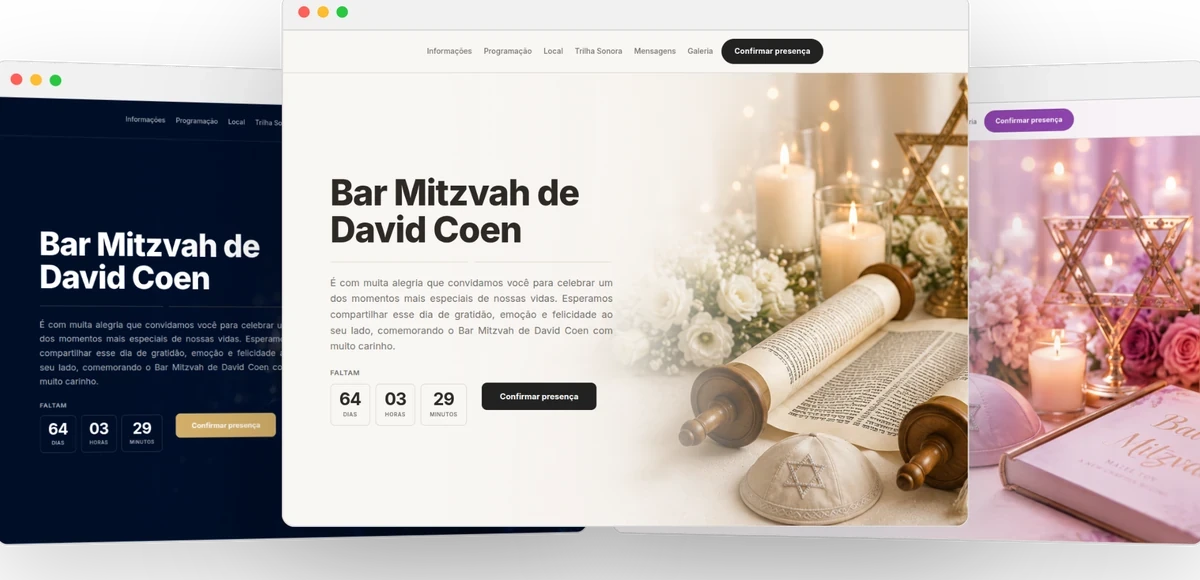 Preview de sites publicados nos modelos Bar e Bat Mitzvah